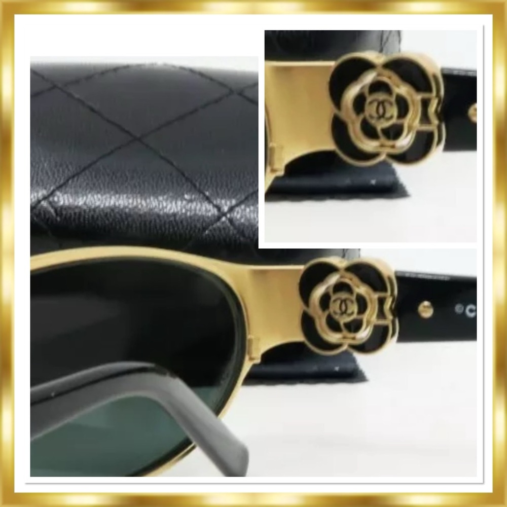 CHANEL Camellia Flower Retro Vintage Sunglasses (90’s)  54mm RARE Black & Gold